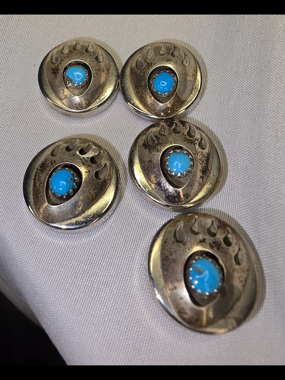 Vintage Sterling Silver Turquoise Bear Paw Button Set(5) - Blue